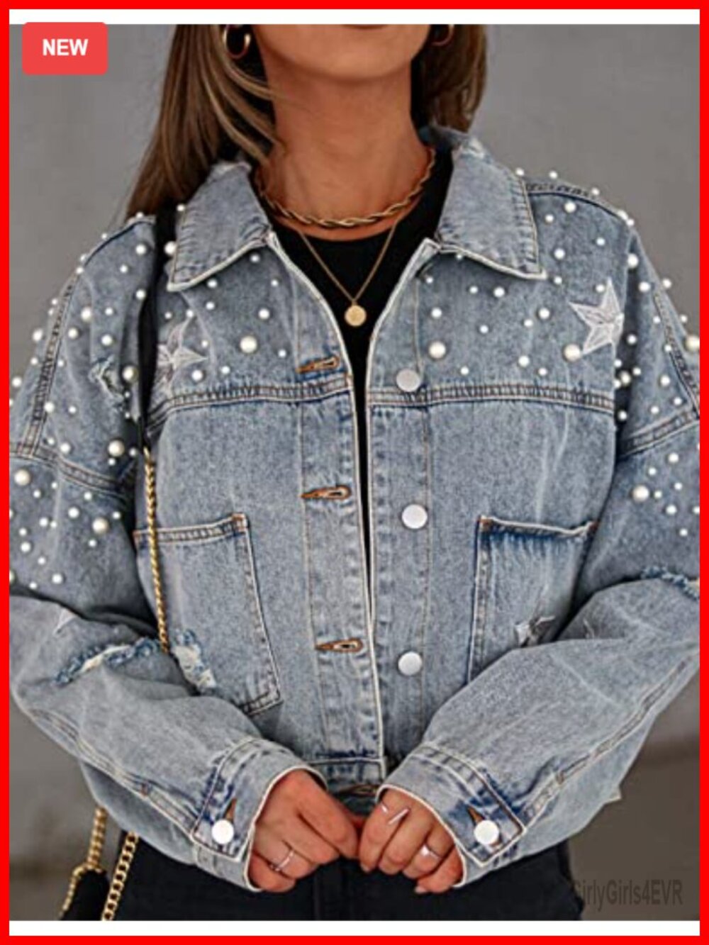 Cropped Pearl Beaded Denim Jacket Star Embroidered Ripped Cowgirl Trucker Coat - Picture 5 of 6
